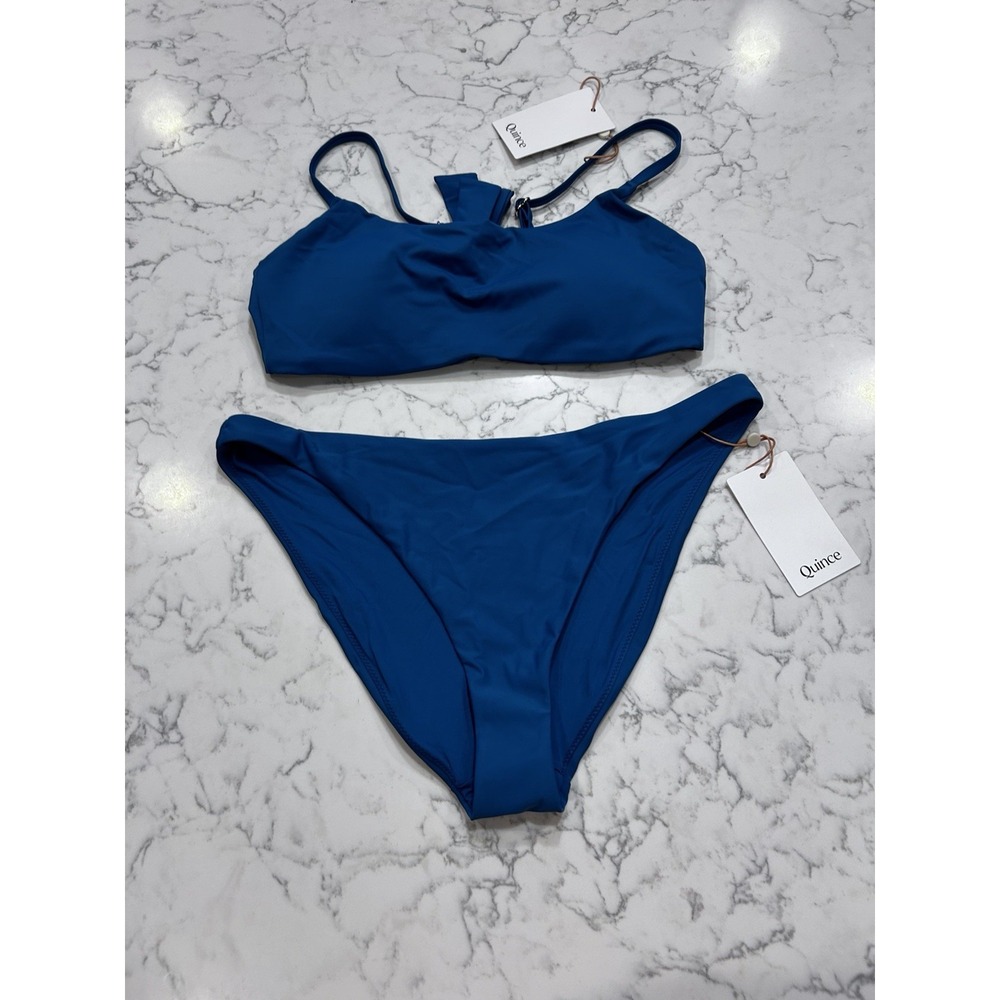 NWT Quince Lagoon Teal Blue Italian Scoop Neck Bikini Top & Low Rise Bottom Med